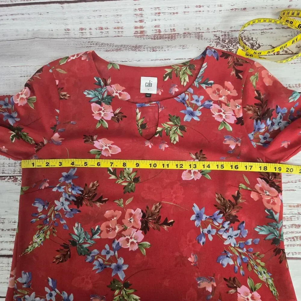 Cabi Devoted Red Floral Bell Sleeve Blouse S Sheer Lined Boho Festival Bloom Top